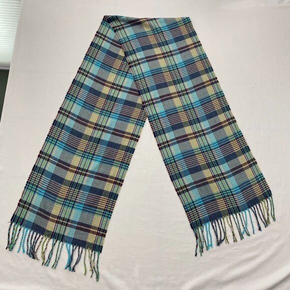 Cashmere Scarf Green Plaid Made in Scotland Fringe Long Lightweight Preppy - Picture 5 of 8